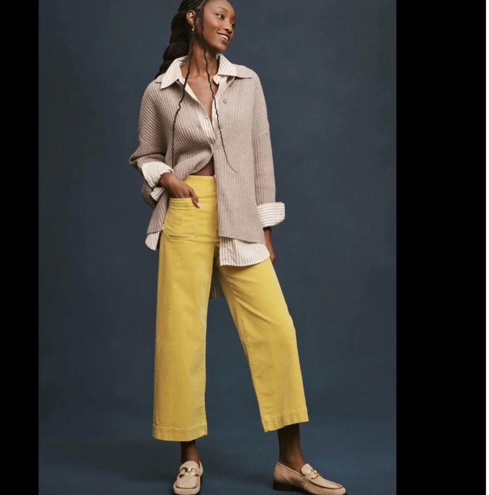 Maeve Womens The Colette Cropped Wide Leg Corduroy Pants Sz 28 Light Yellow